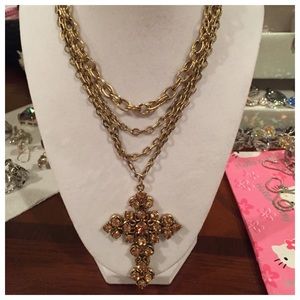 Vintage Cache gold rhinestone cross necklace